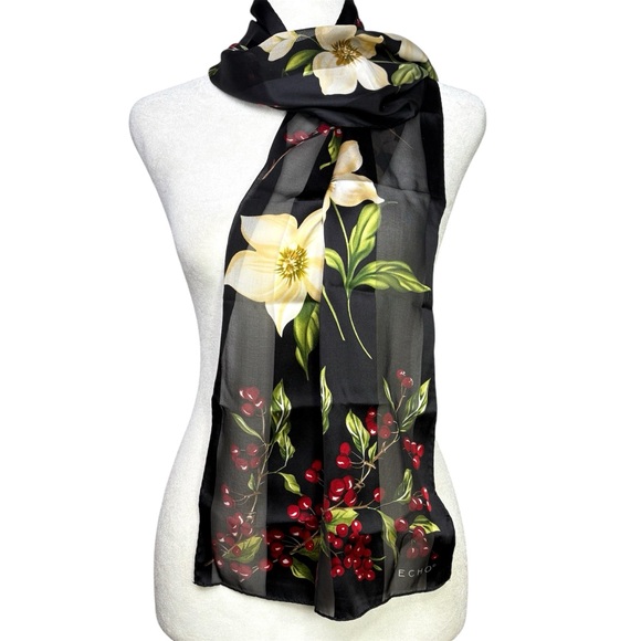 ECHO 100% Silk Floral Leaves Berries Dark Romantic Ethereal Rectangular Scarf - Picture 1 of 16